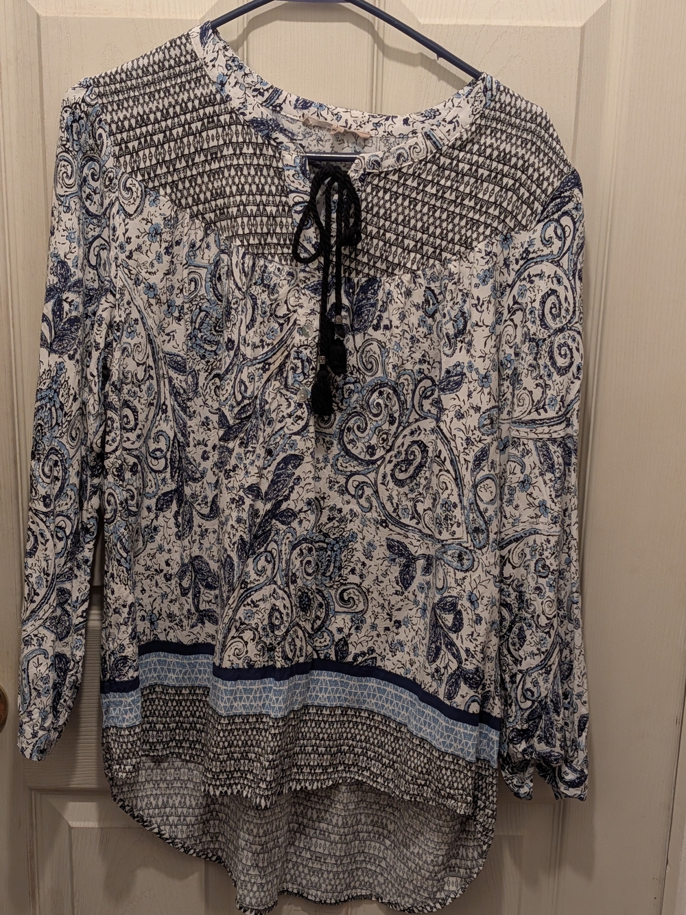 My Danielle Lg Boho Paisley Tie-Neck Long Sleeve Top - Blue & White